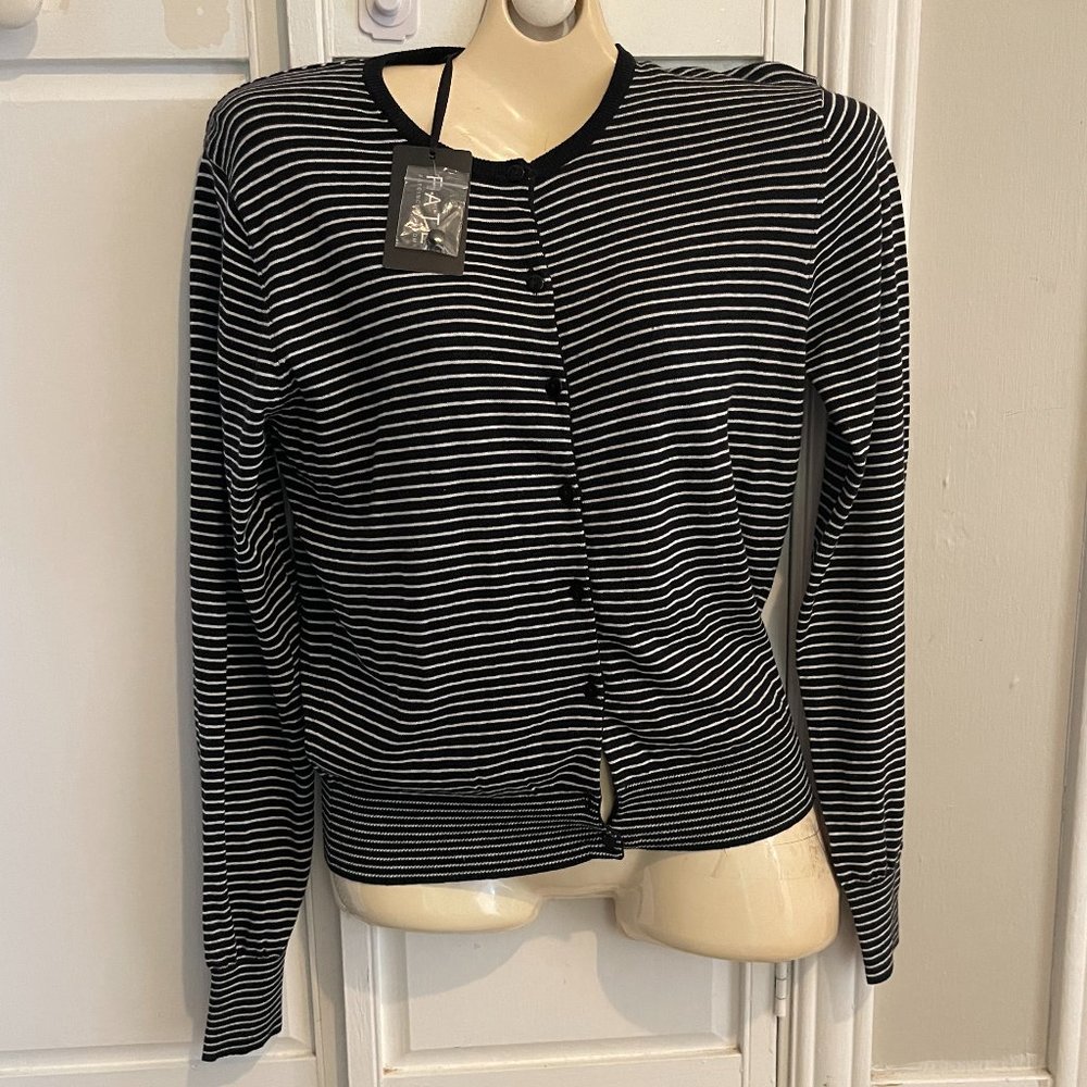 NWT Women's Large Black White Stripe Stretch Knit Cardigan